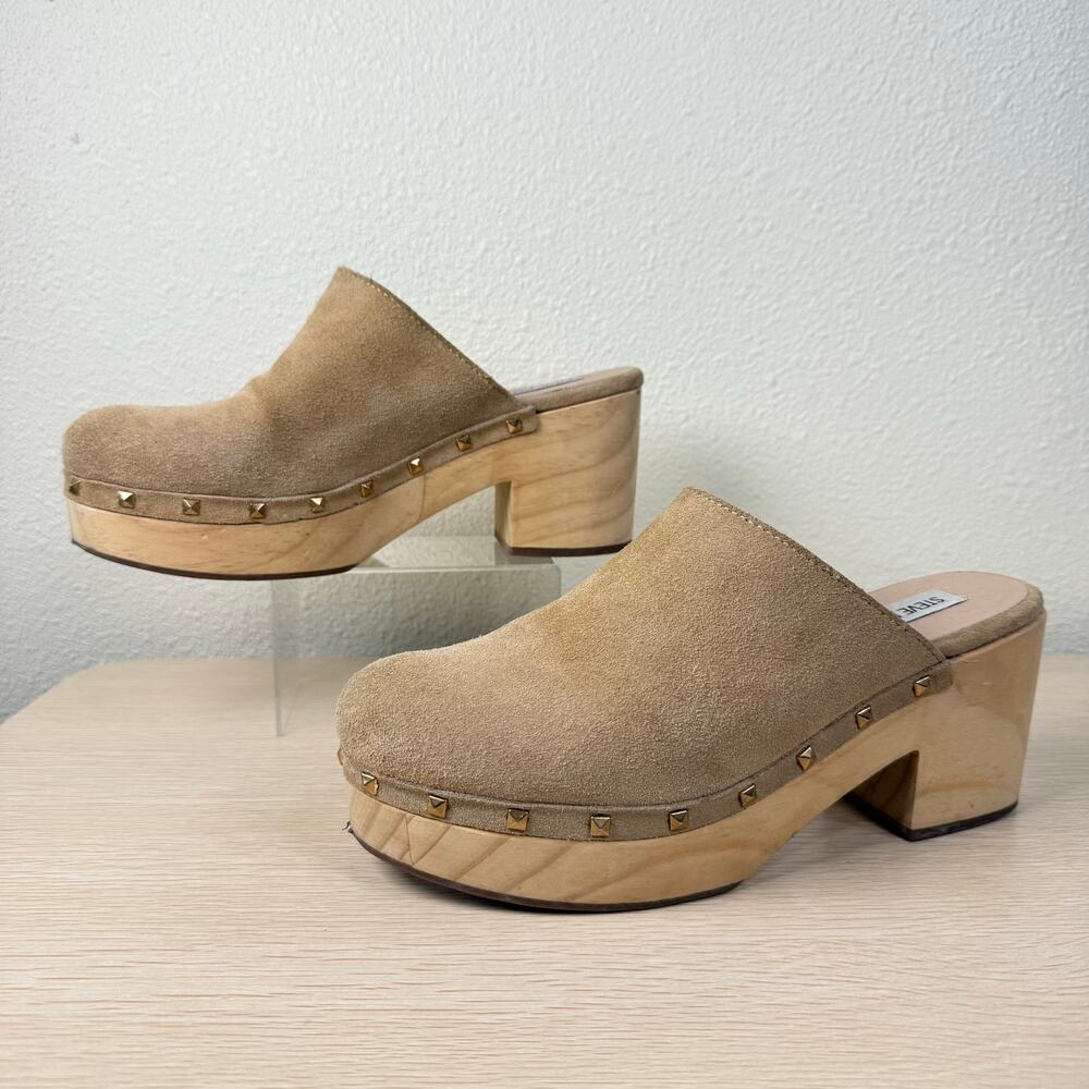 Steve Madden Tan Suede Wooden Heel Studded Clog Shoes Fairy Boho Hippie 8.5